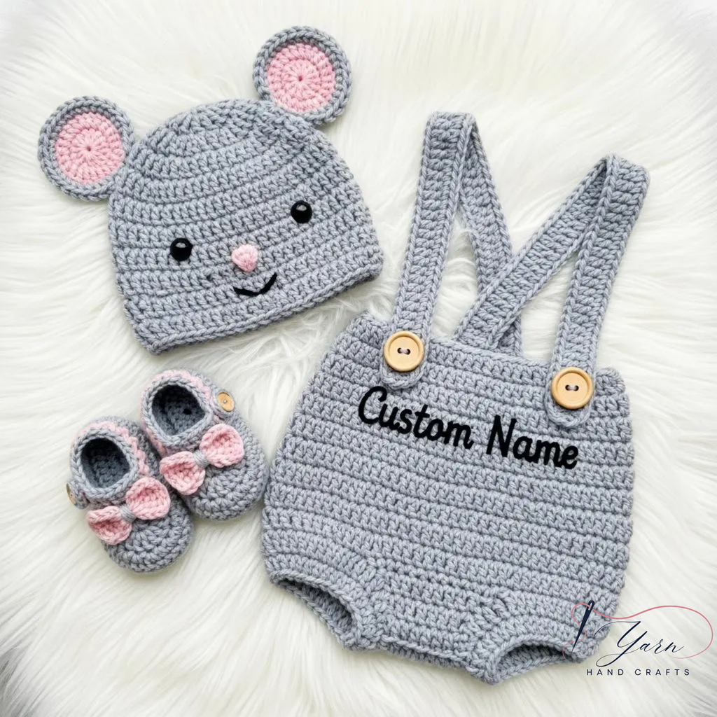 Handmade Cat Baby Crochet Outfit Set, Personalized Infant Clothing, Custom Animal Beanie, Crochet Baby Romper, Baby Shower Gift