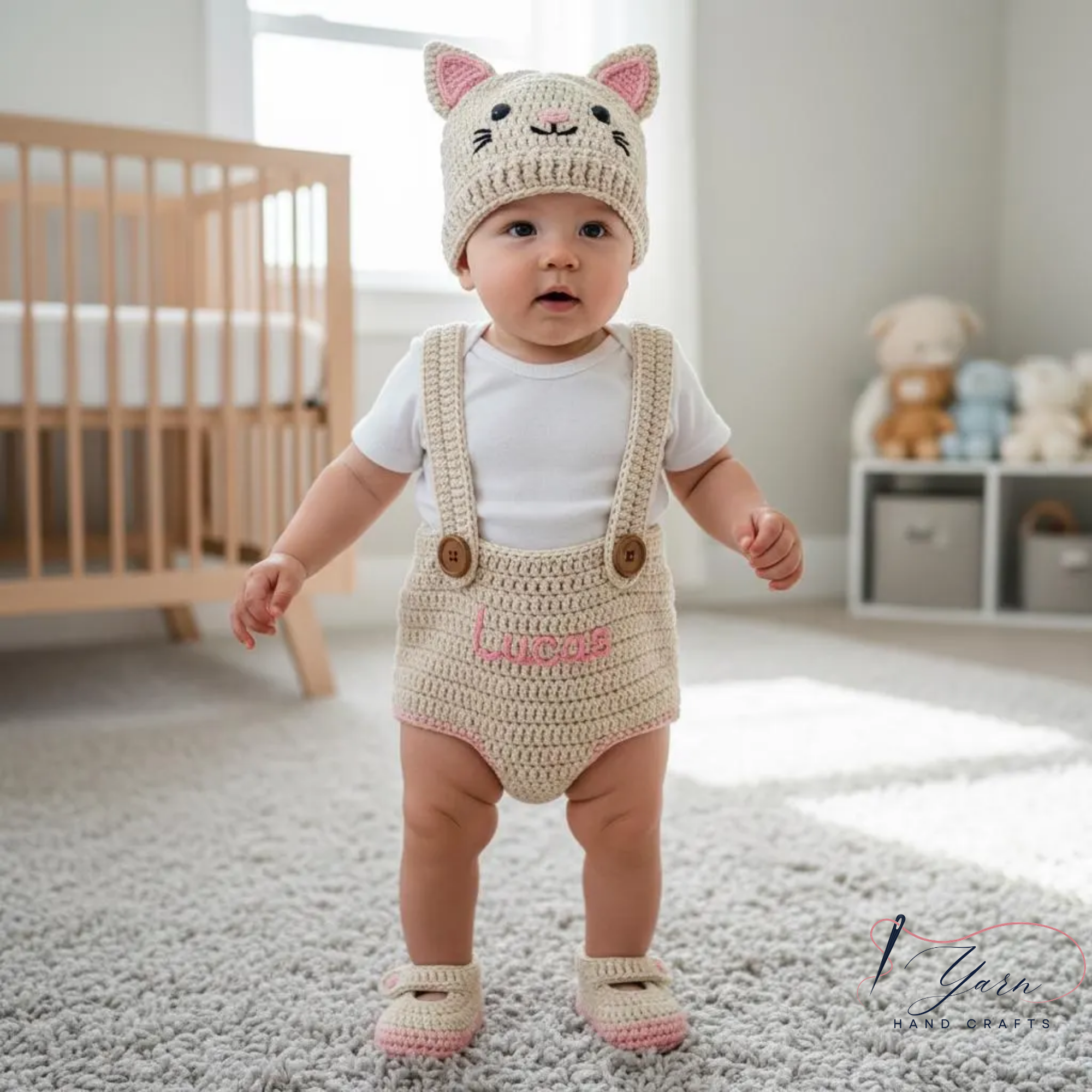 Handmade Cat Baby Crochet Outfit Set, Personalized Infant Clothing, Custom Animal Beanie, Crochet Baby Romper, Baby Shower Gift
