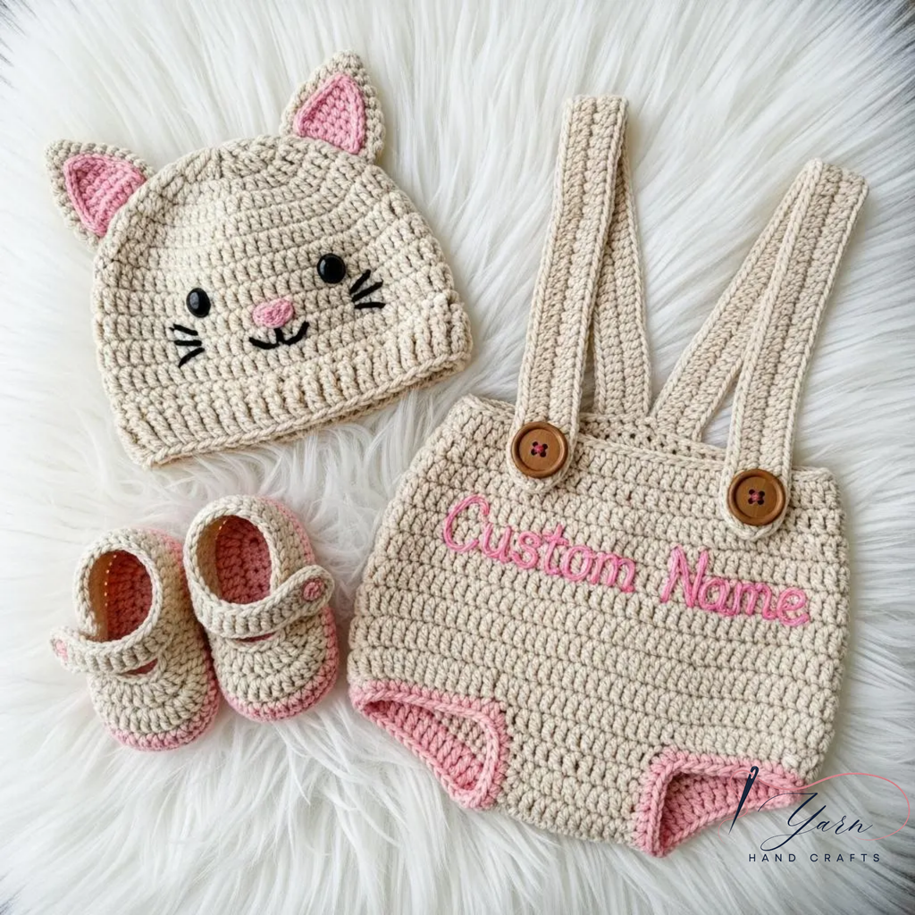 Handmade Cat Baby Crochet Outfit Set, Personalized Infant Clothing, Custom Animal Beanie, Crochet Baby Romper, Baby Shower Gift