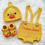 Adorable Crochet Chick Baby Outfit Set, Personalized Baby Romper Gift, Custom Name Crochet Outfit, Handmade Newborn Beanie, Baby Shower Gift, Photo Prop