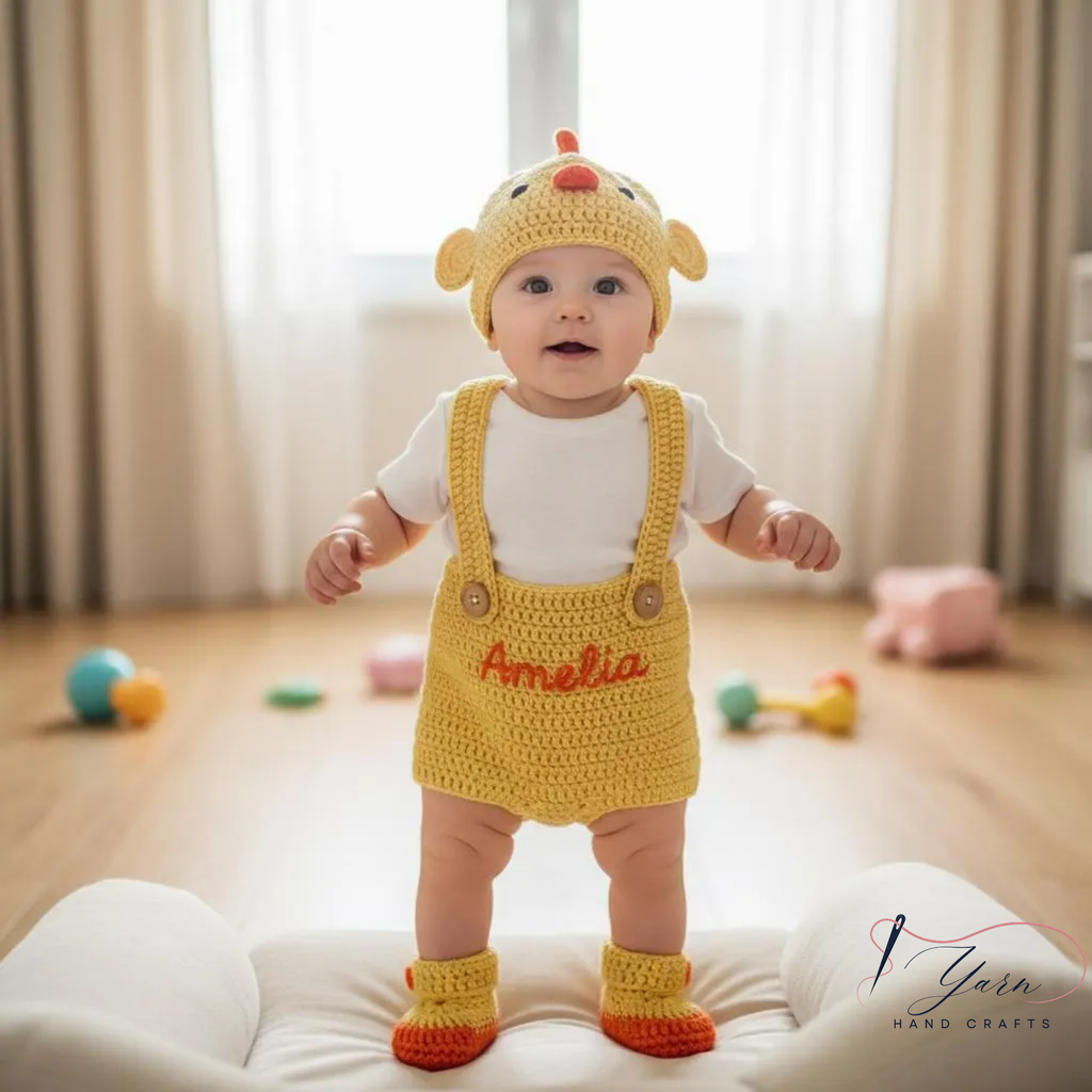 Adorable Crochet Chick Baby Outfit Set, Personalized Baby Romper Gift, Custom Name Crochet Outfit, Handmade Newborn Beanie, Baby Shower Gift, Photo Prop