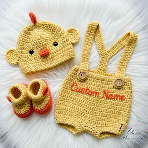 Adorable Crochet Chick Baby Outfit Set, Personalized Baby Romper Gift, Custom Name Crochet Outfit, Handmade Newborn Beanie, Baby Shower Gift, Photo Prop