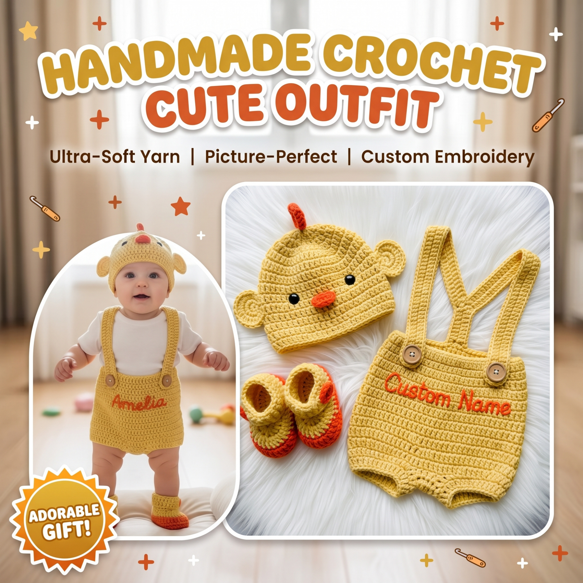 Adorable Crochet Chick Baby Outfit Set, Personalized Baby Romper Gift, Custom Name Crochet Outfit, Handmade Newborn Beanie, Baby Shower Gift, Photo Prop
