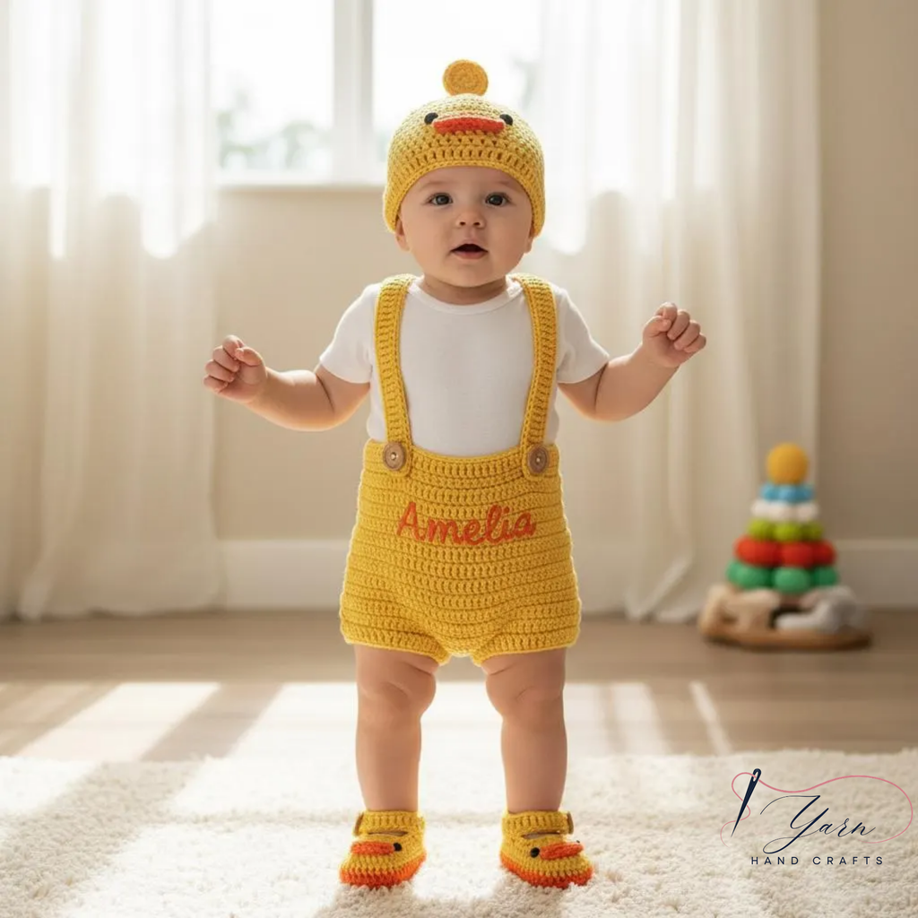 Adorable Crochet Chick Baby Outfit Set, Personalized Baby Romper Gift, Custom Name Crochet Outfit, Handmade Newborn Beanie, Baby Shower Gift, Photo Prop