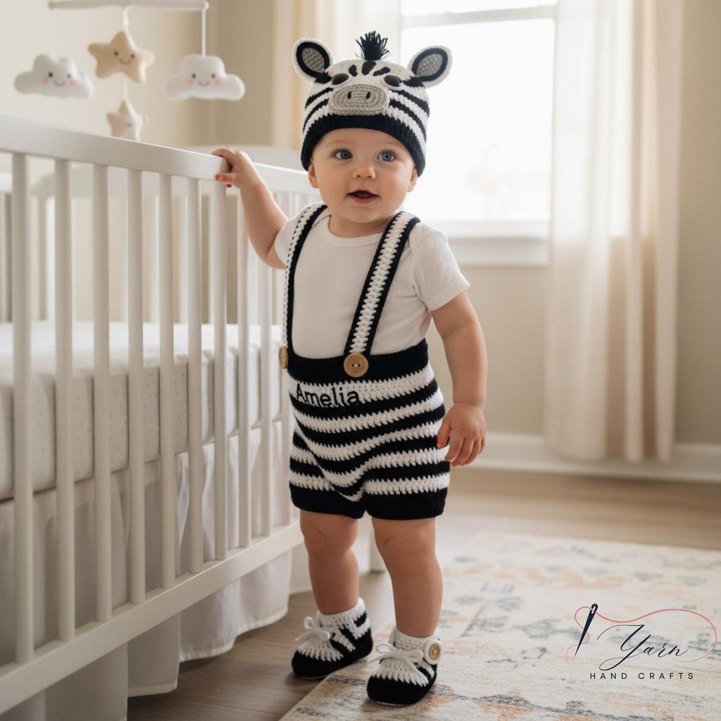 Giraffe Crochet Baby Set with Hat, Diaper Cover & Shoes, Personalized Baby Outfit, Custom Name Newborn Gift, Handmade Animal Crochet Set