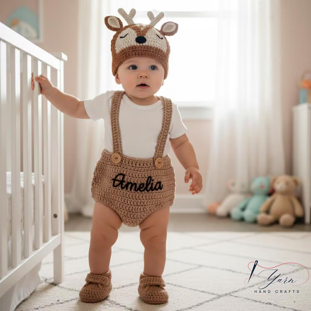 Giraffe Crochet Baby Set with Hat, Diaper Cover & Shoes, Personalized Baby Outfit, Custom Name Newborn Gift, Handmade Animal Crochet Set