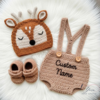 Giraffe Crochet Baby Set with Hat, Diaper Cover & Shoes, Personalized Baby Outfit, Custom Name Newborn Gift, Handmade Animal Crochet Set