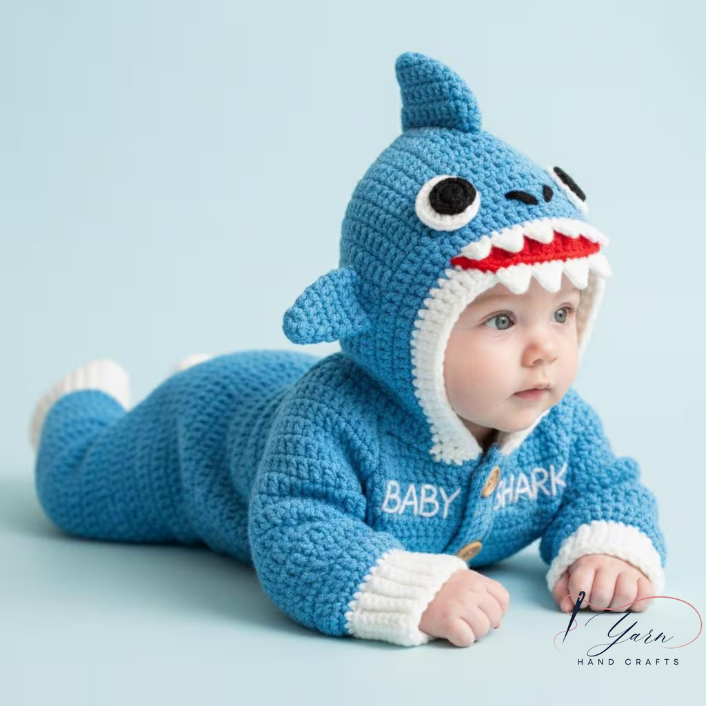 Crochet Baby Shark Outfit, Handmade Blue Hooded Romper, Personalized Shark Baby Costume, Custom Name Infant Outfit, Ocean Theme Baby Shower Gift