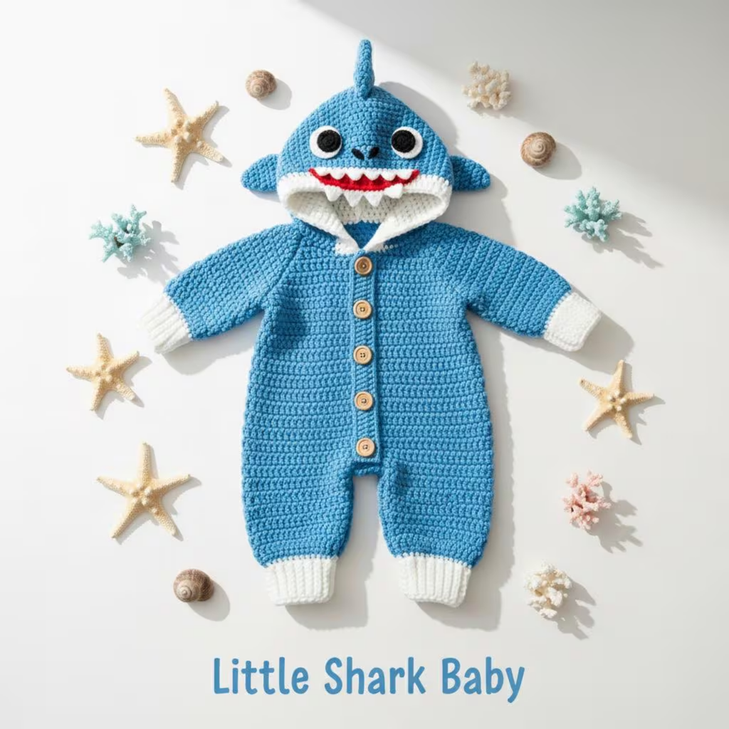 Crochet Baby Shark Outfit, Handmade Blue Hooded Romper, Personalized Shark Baby Costume, Custom Name Infant Outfit, Ocean Theme Baby Shower Gift