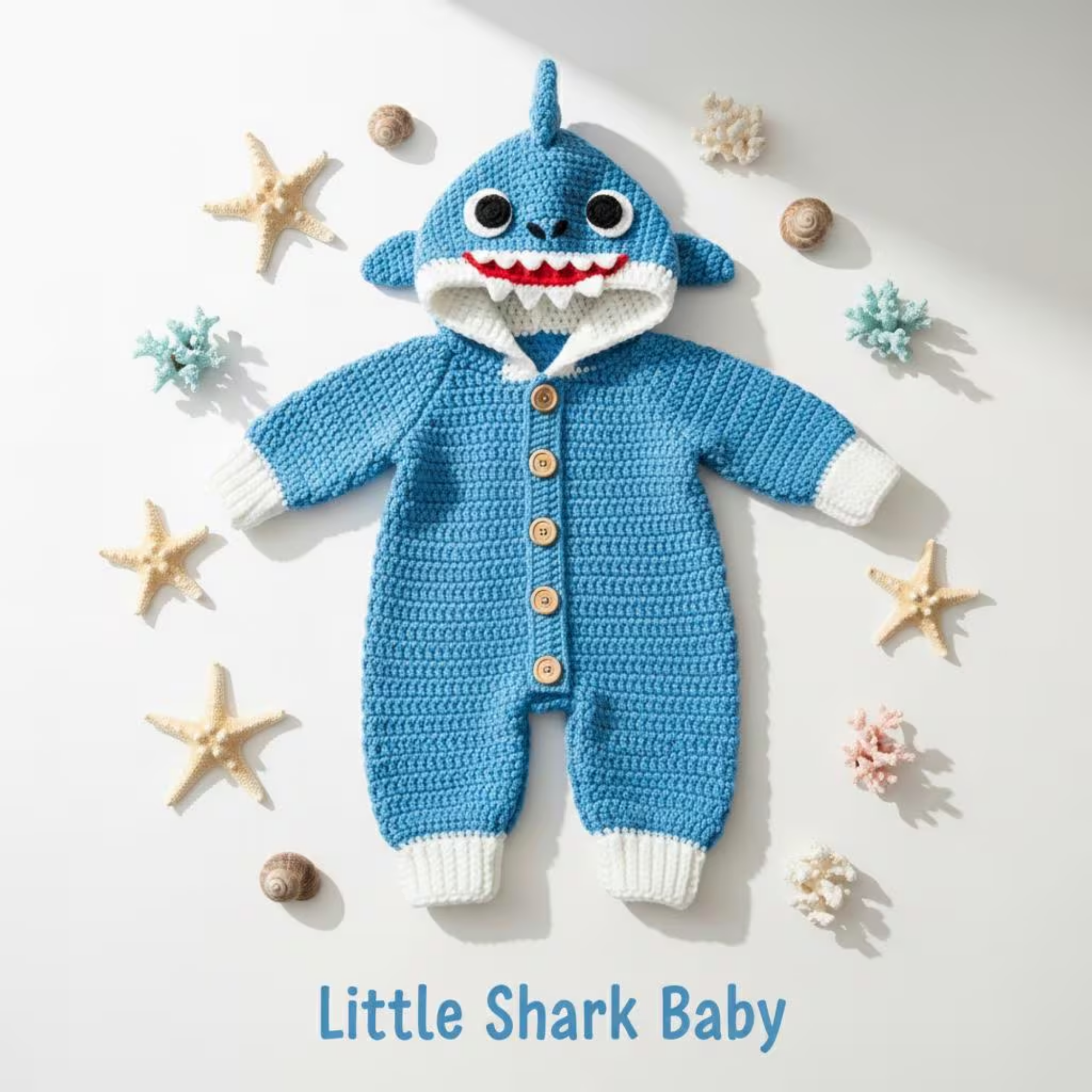Crochet Baby Shark Outfit, Handmade Blue Hooded Romper, Personalized Shark Baby Costume, Custom Name Infant Outfit, Ocean Theme Baby Shower Gift