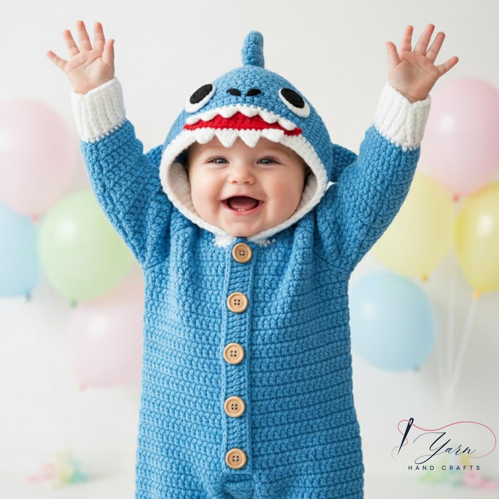 Crochet Baby Shark Outfit, Handmade Blue Hooded Romper, Personalized Shark Baby Costume, Custom Name Infant Outfit, Ocean Theme Baby Shower Gift