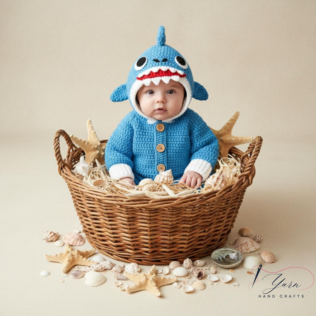 Crochet Baby Shark Outfit, Handmade Blue Hooded Romper, Personalized Shark Baby Costume, Custom Name Infant Outfit, Ocean Theme Baby Shower Gift