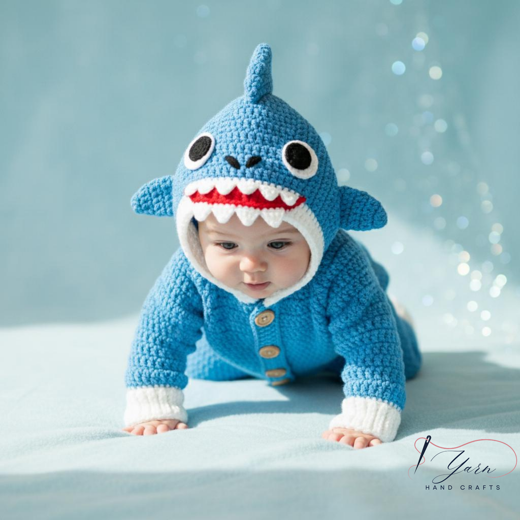 Crochet Baby Shark Outfit, Handmade Blue Hooded Romper, Personalized Shark Baby Costume, Custom Name Infant Outfit, Ocean Theme Baby Shower Gift