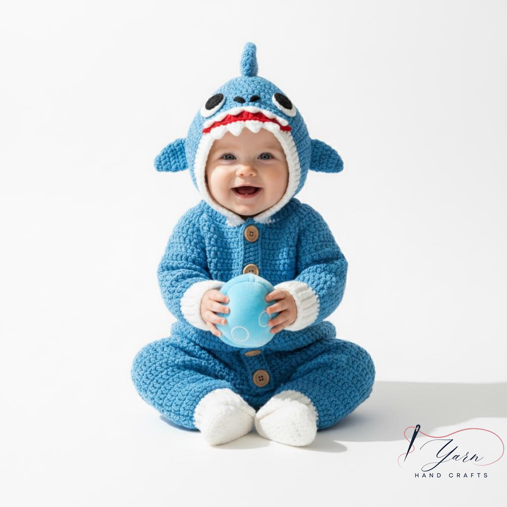 Crochet Baby Shark Outfit, Handmade Blue Hooded Romper, Personalized Shark Baby Costume, Custom Name Infant Outfit, Ocean Theme Baby Shower Gift