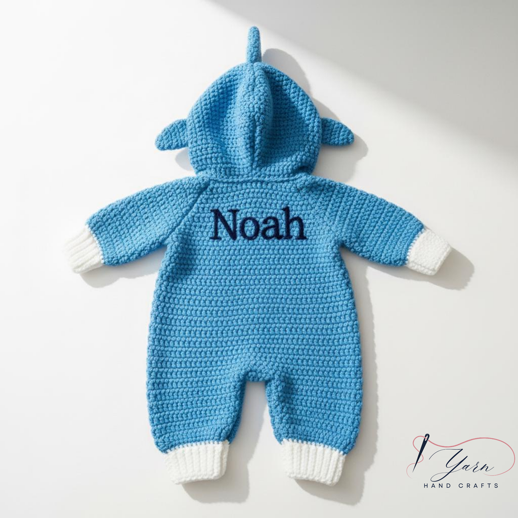 Crochet Baby Shark Outfit, Handmade Blue Hooded Romper, Personalized Shark Baby Costume, Custom Name Infant Outfit, Ocean Theme Baby Shower Gift