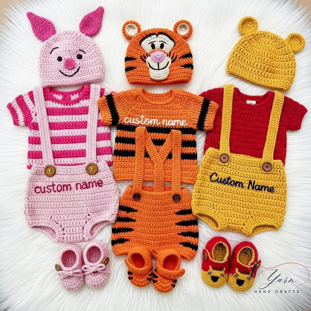 Custom Baby Crochet Shirt, Pooh Bear Piglet Tigger Baby Outfit, Handmade Personalized Crochet Clothing Set, Winnie Inspired Newborn Gift