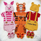 Custom Baby Crochet Shirt, Pooh Bear Piglet Tigger Baby Outfit, Handmade Personalized Crochet Clothing Set, Winnie Inspired Newborn Gift