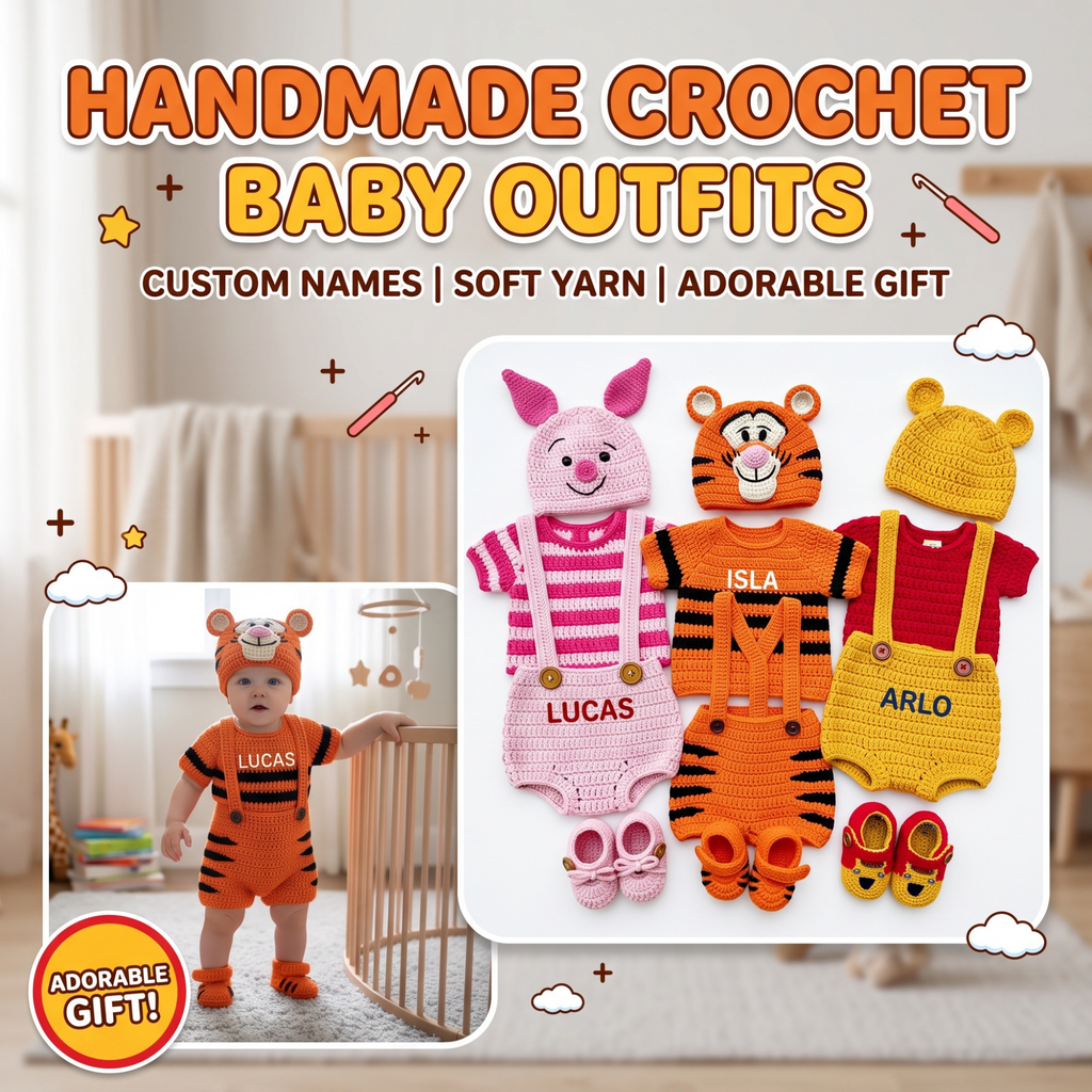 Custom Baby Crochet Shirt, Pooh Bear Piglet Tigger Baby Outfit, Handmade Personalized Crochet Clothing Set, Winnie Inspired Newborn Gift