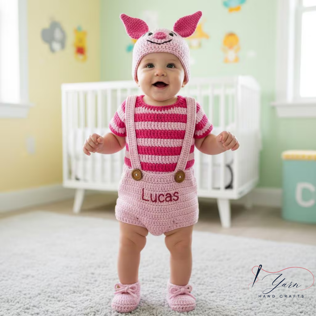 Custom Baby Crochet Shirt, Pooh Bear Piglet Tigger Baby Outfit, Handmade Personalized Crochet Clothing Set, Winnie Inspired Newborn Gift