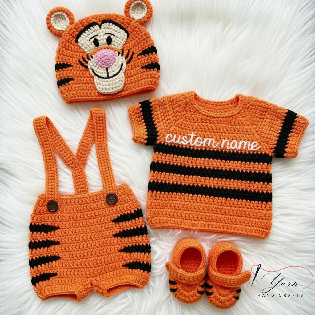 Custom Baby Crochet Shirt, Pooh Bear Piglet Tigger Baby Outfit, Handmade Personalized Crochet Clothing Set, Winnie Inspired Newborn Gift