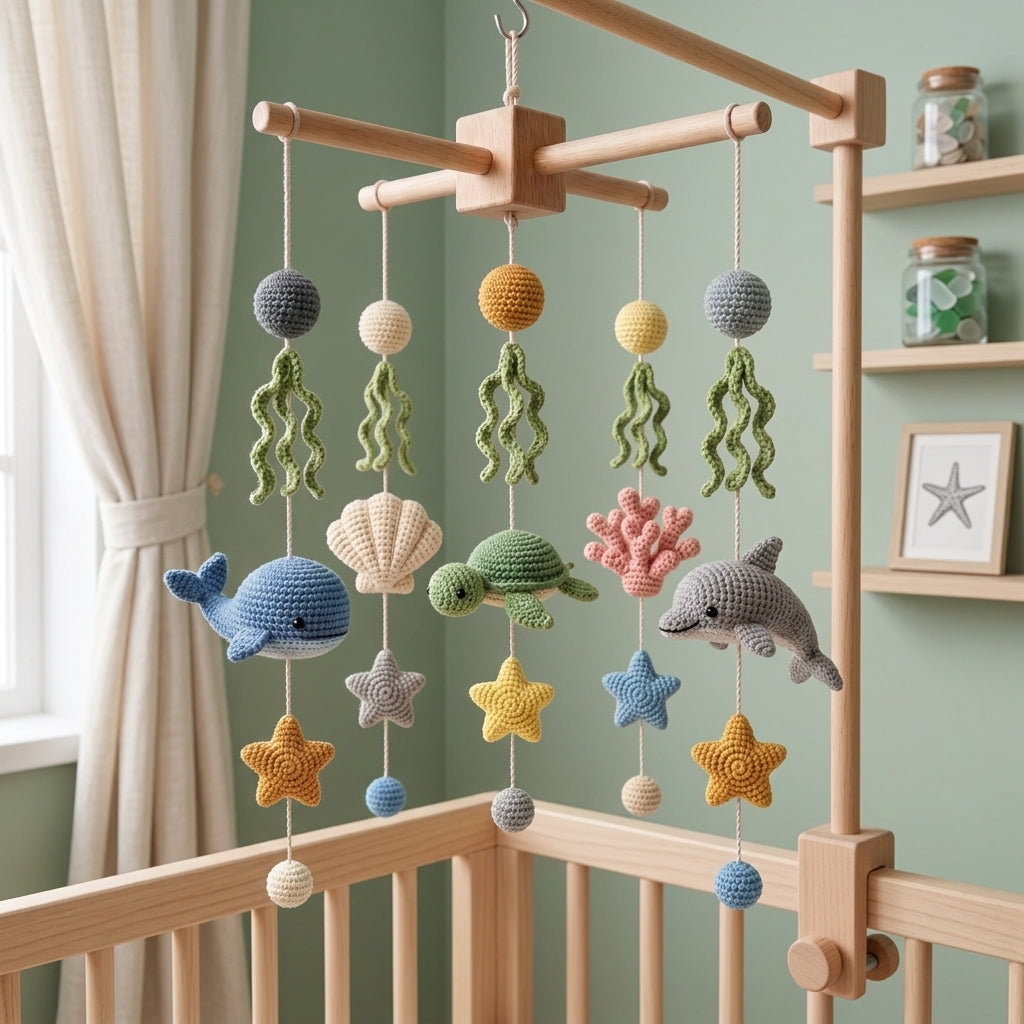 Handmade Crochet Ocean Baby Mobile – Whale, Turtle & Dolphin Nursery Decor