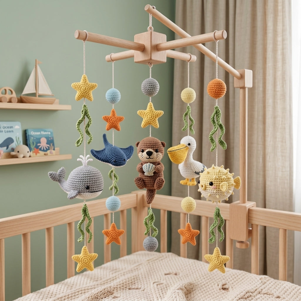 Crochet ocean animal baby mobile with whale, stingray, sea otter, pelican, pufferfish, starfish and seaweed