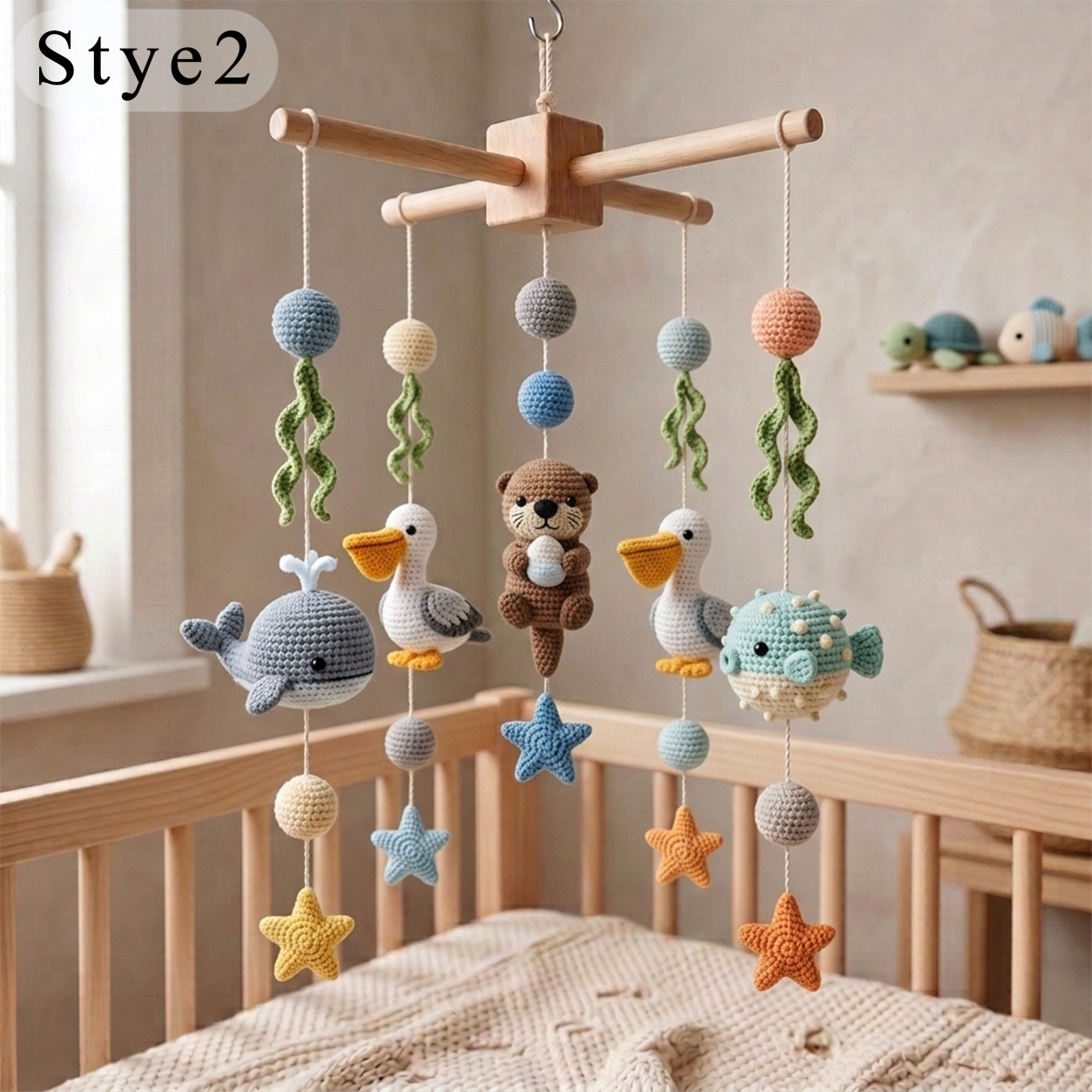 Crochet Ocean Baby Mobile, Handmade Sea Animal Crib Decor with Whale, Otter, Pelican, Stingray, Pufferfish and Stars, Nursery Gift