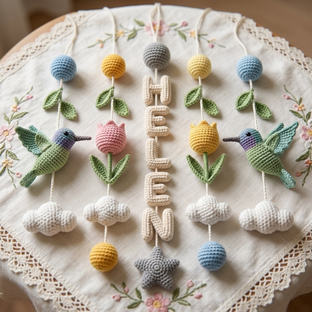 Personalized Crochet Hummingbird Baby Mobile with Custom Name – Floral Nursery Crib Decor