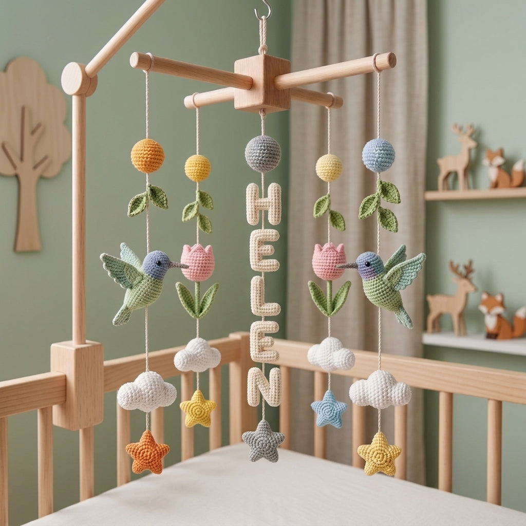 Personalized Crochet Hummingbird Baby Mobile with Custom Name – Floral Nursery Crib Decor
