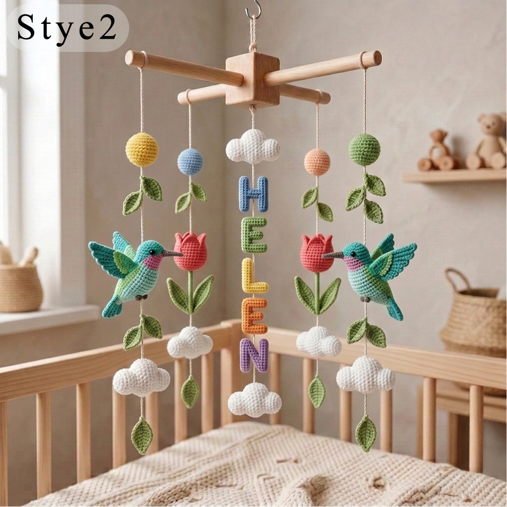 Personalized Crochet Hummingbird Baby Mobile with Custom Name – Floral Nursery Crib Decor