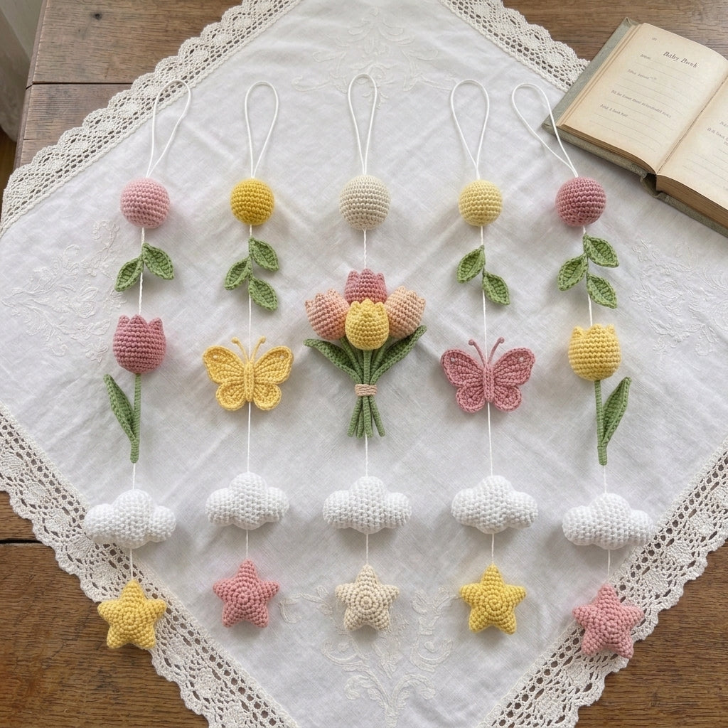 Handmade Crochet Tulip and Butterfly Baby Mobile – Floral Nursery Crib Decor