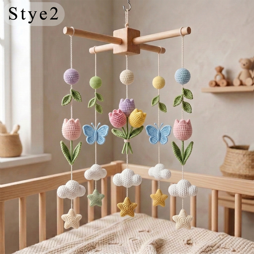 Handmade Crochet Tulip and Butterfly Baby Mobile – Floral Nursery Crib Decor