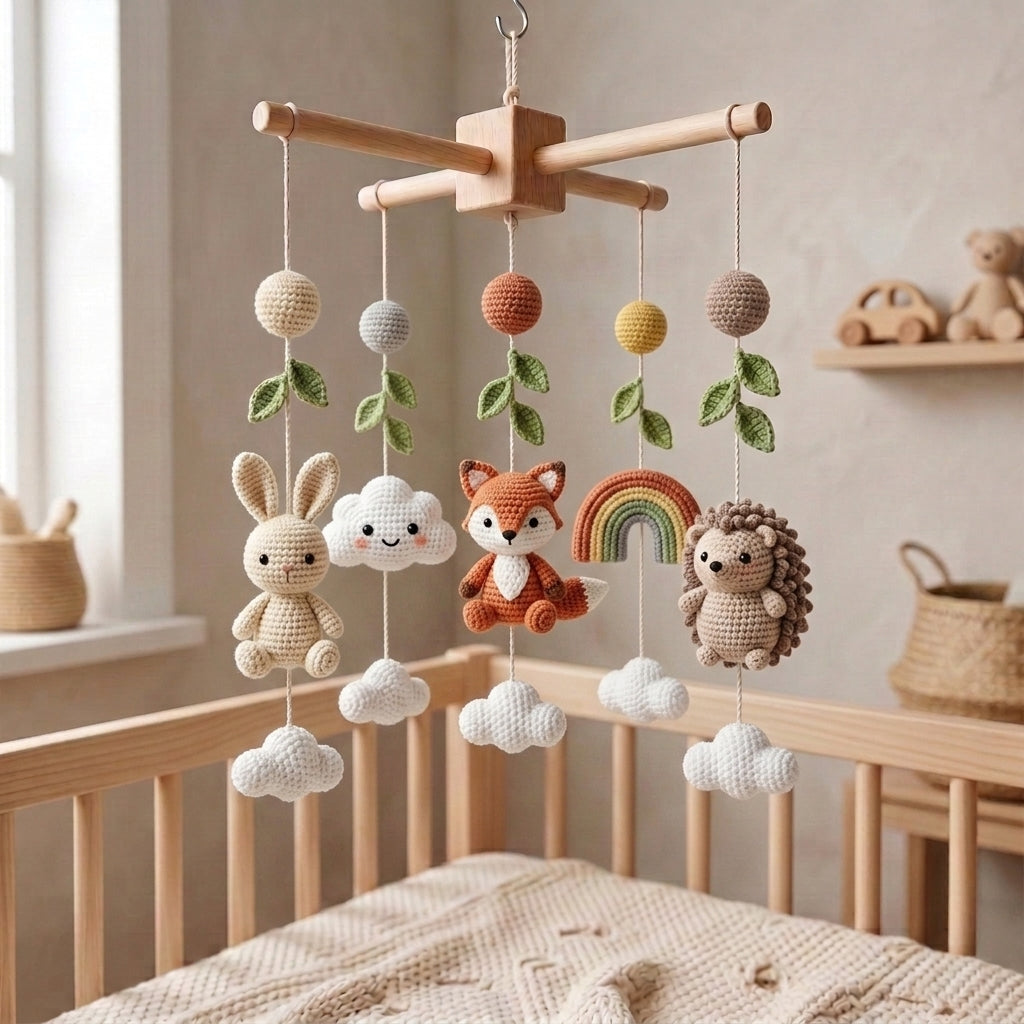 Handmade Crochet Woodland Baby Mobile – Bunny, Fox, Hedgehog & Rainbow Nursery Decor