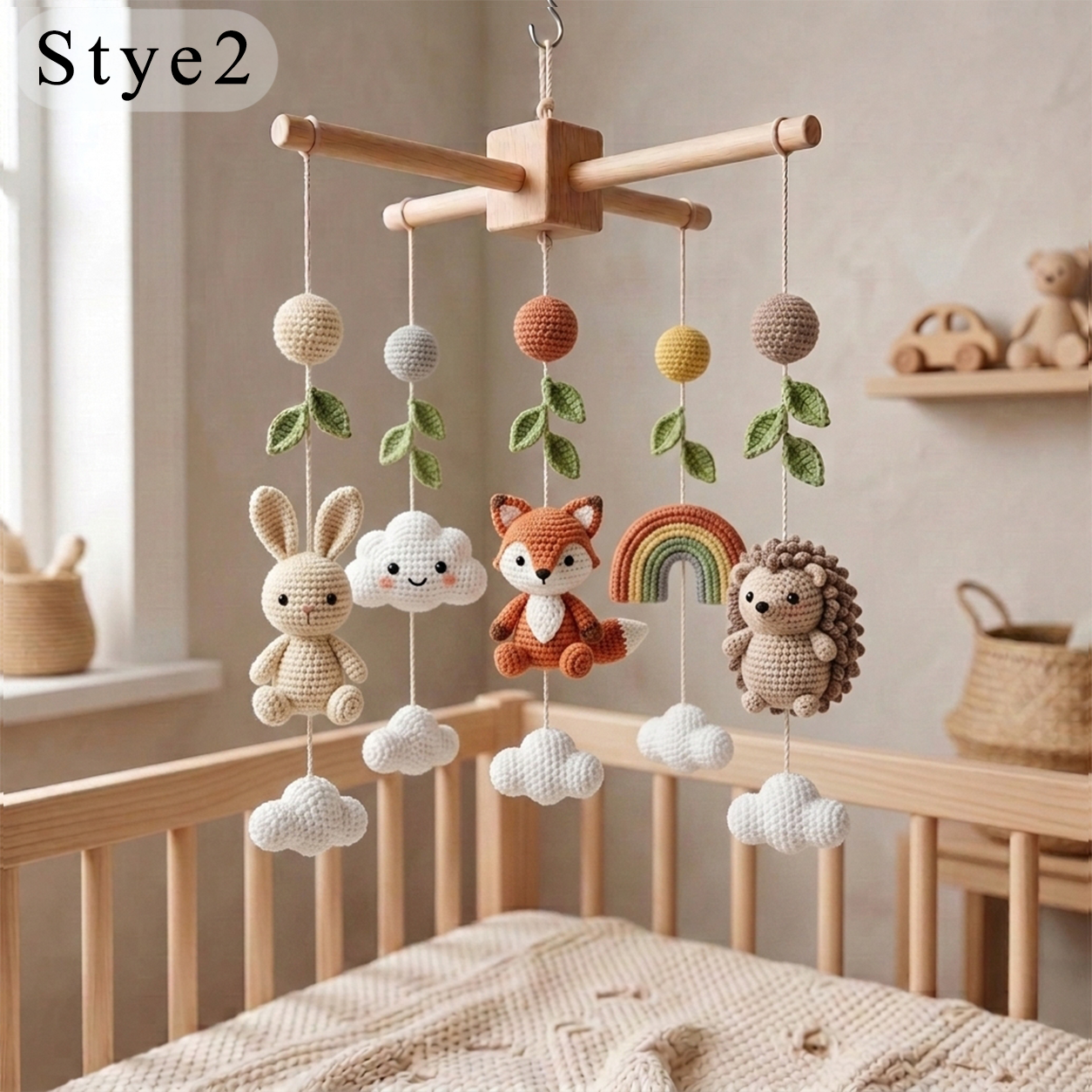 Handmade Crochet Woodland Baby Mobile – Bunny, Fox, Hedgehog & Rainbow Nursery Decor