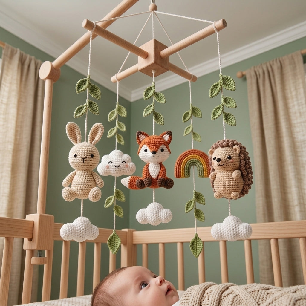 Handmade Crochet Woodland Baby Mobile – Bunny, Fox, Hedgehog & Rainbow Nursery Decor