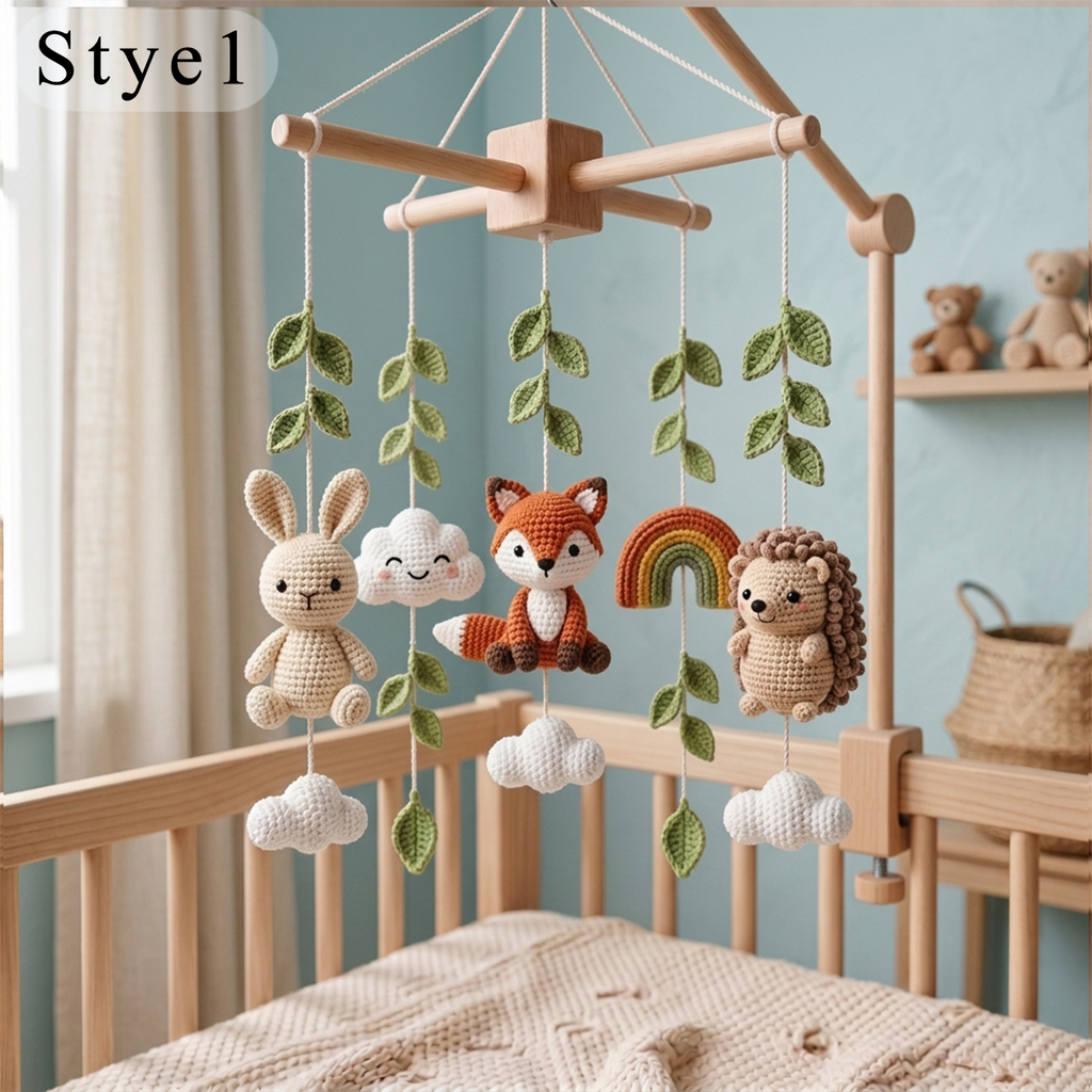 Handmade Crochet Woodland Baby Mobile – Bunny, Fox, Hedgehog & Rainbow Nursery Decor