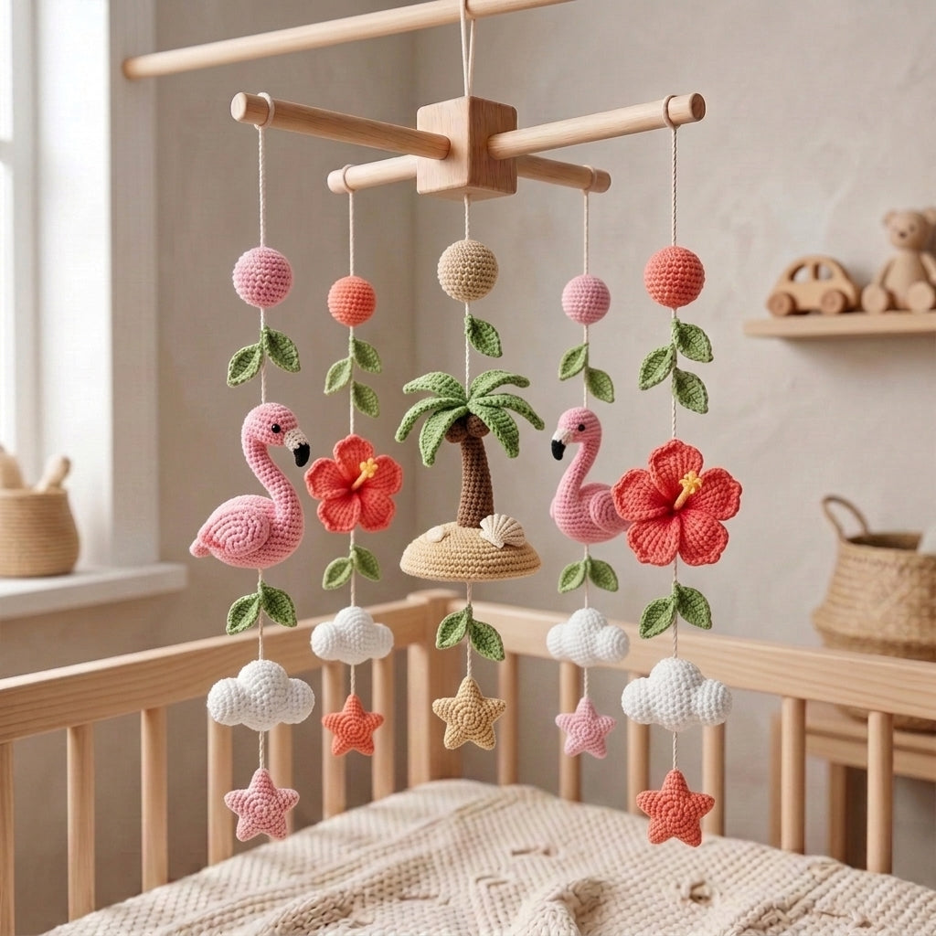 Handmade Crochet Flamingo Baby Mobile – Tropical Nursery Crib Decor