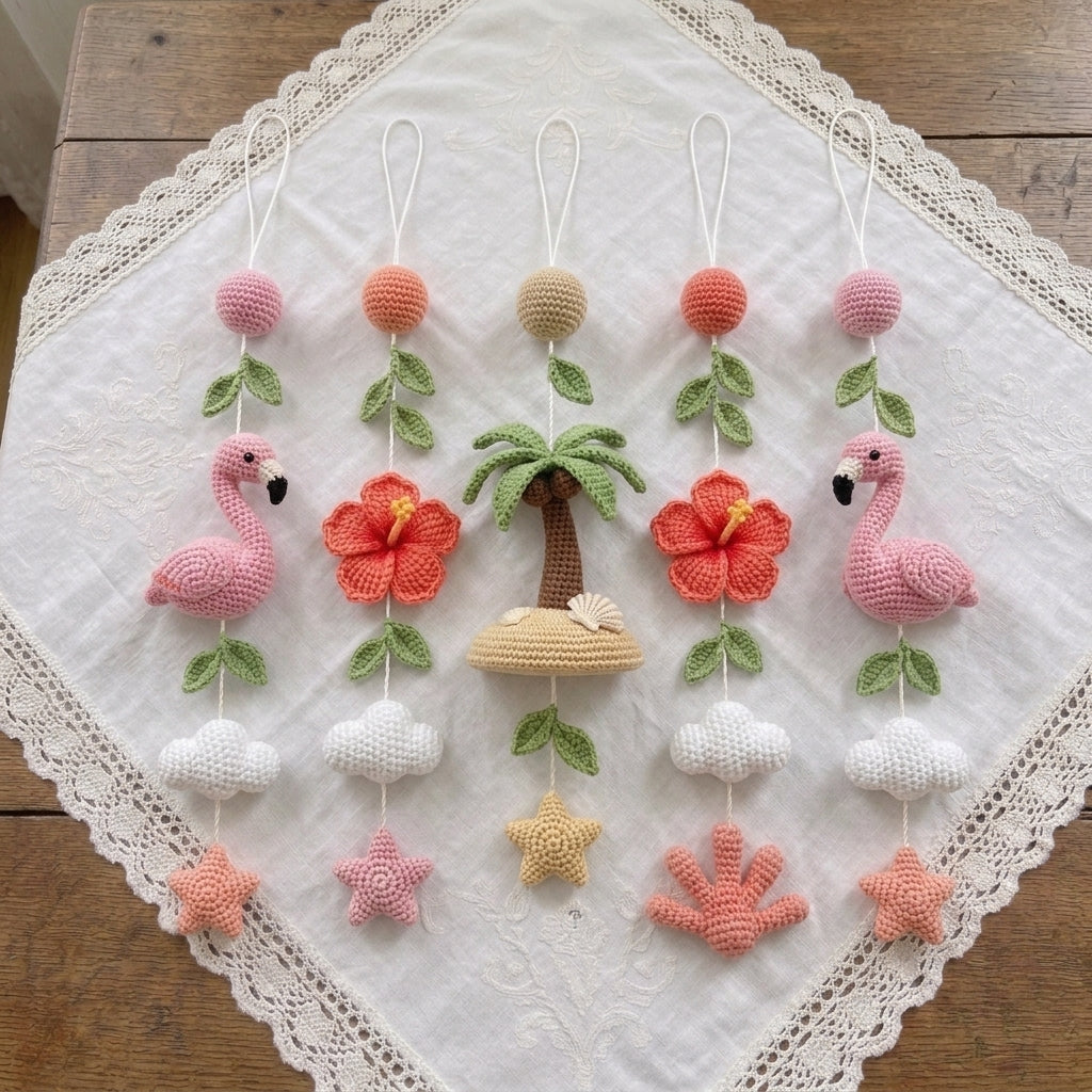 Handmade Crochet Flamingo Baby Mobile – Tropical Nursery Crib Decor