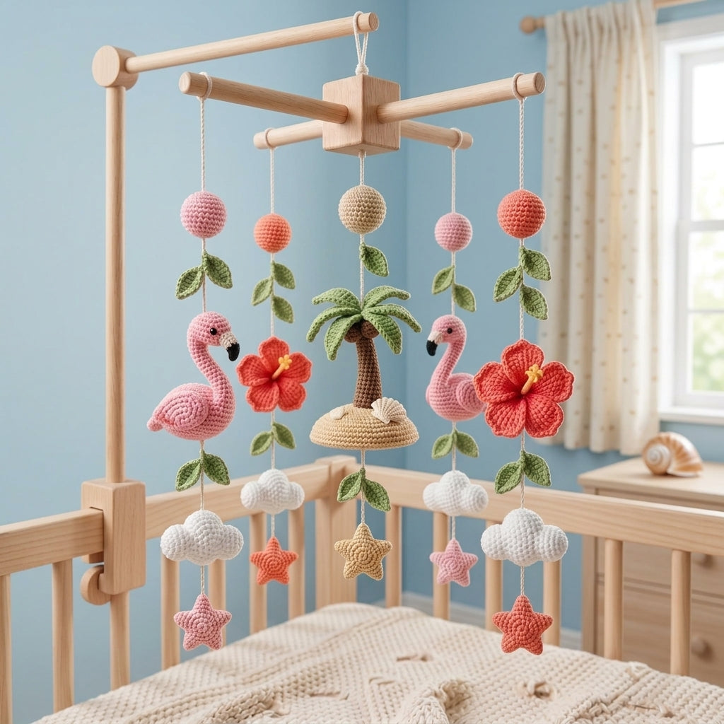 Handmade Crochet Flamingo Baby Mobile – Tropical Nursery Crib Decor