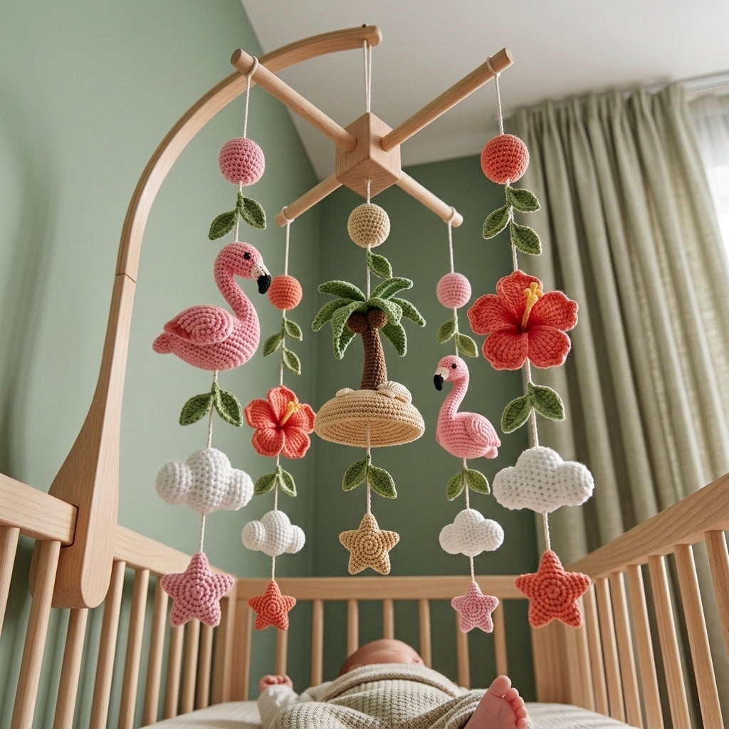 Handmade Crochet Flamingo Baby Mobile – Tropical Nursery Crib Decor