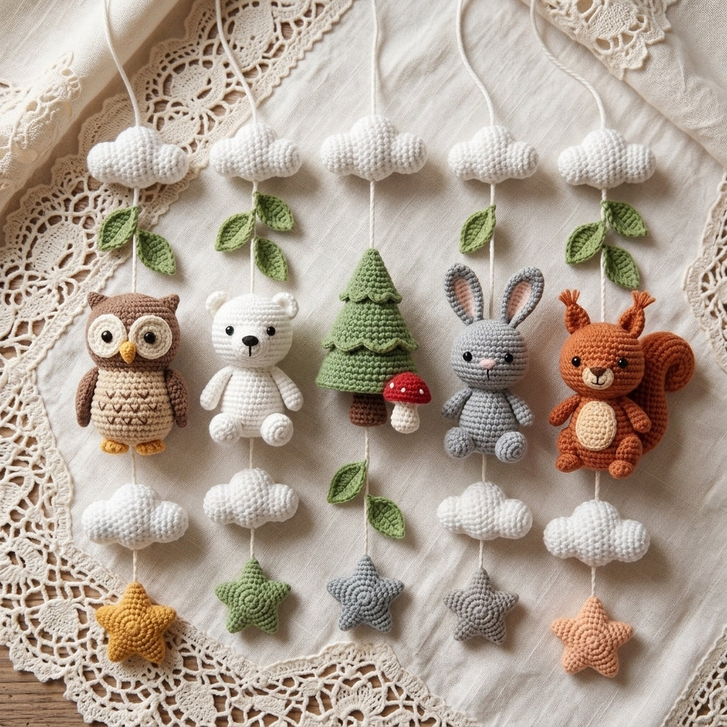 Handmade Crochet Woodland Baby Mobile – Owl, Bear, Bunny & Squirrel Nursery Decor