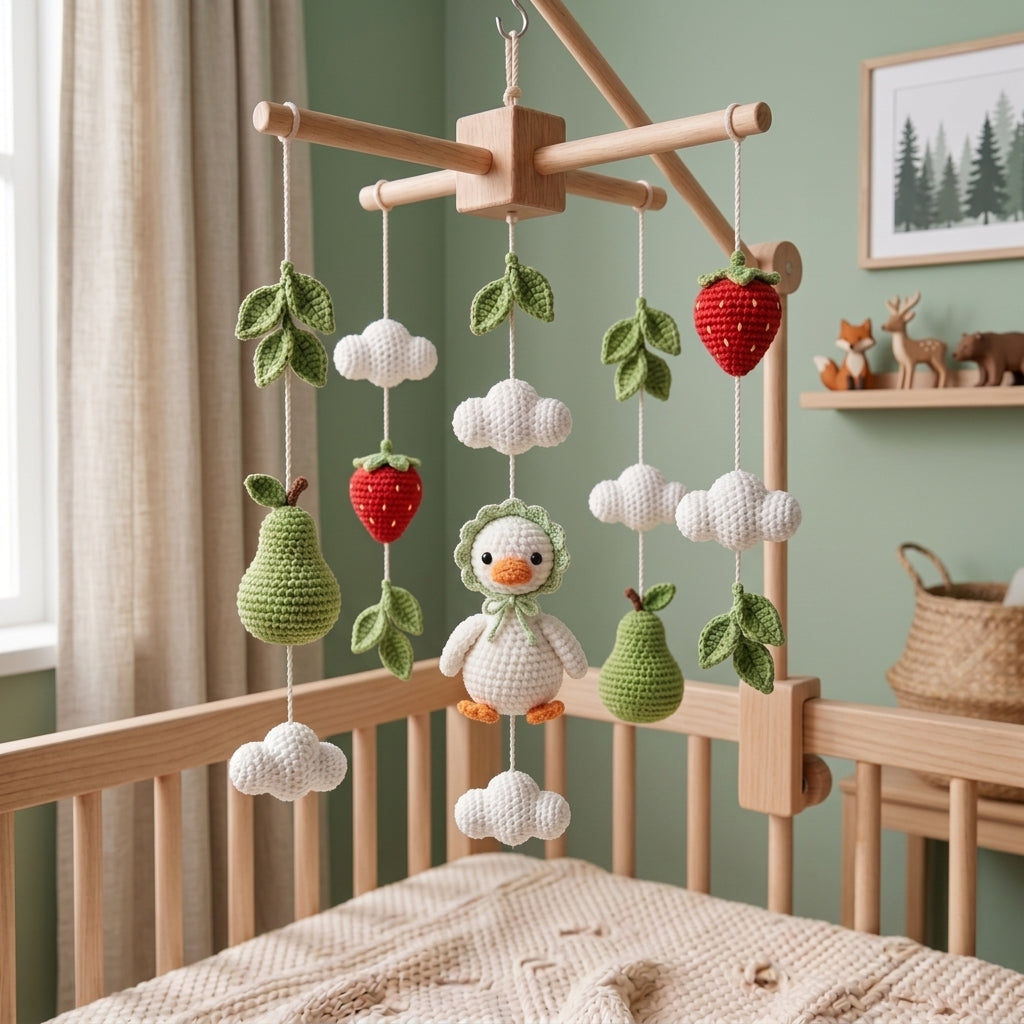 Handmade Crochet Duck Baby Mobile – Strawberry and Pear Nursery Crib Decor
