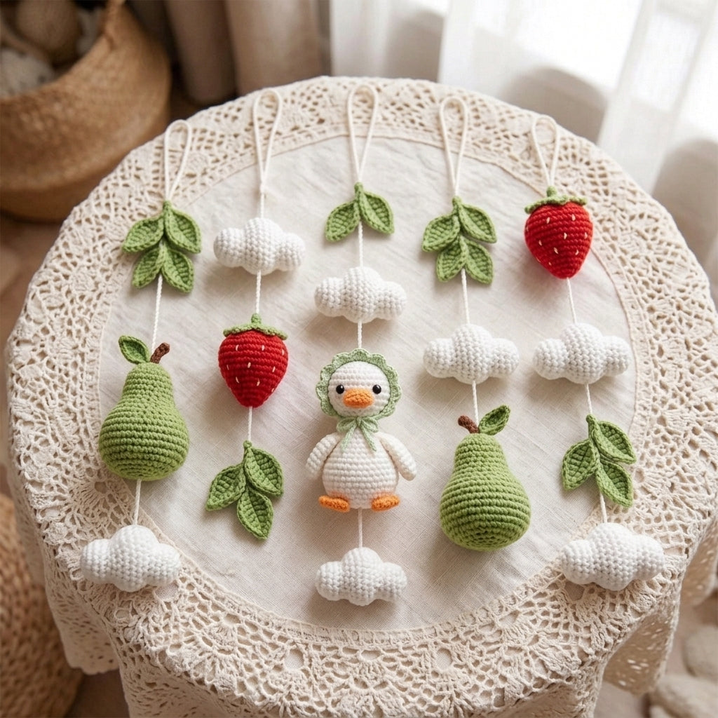 Handmade Crochet Duck Baby Mobile – Strawberry and Pear Nursery Crib Decor