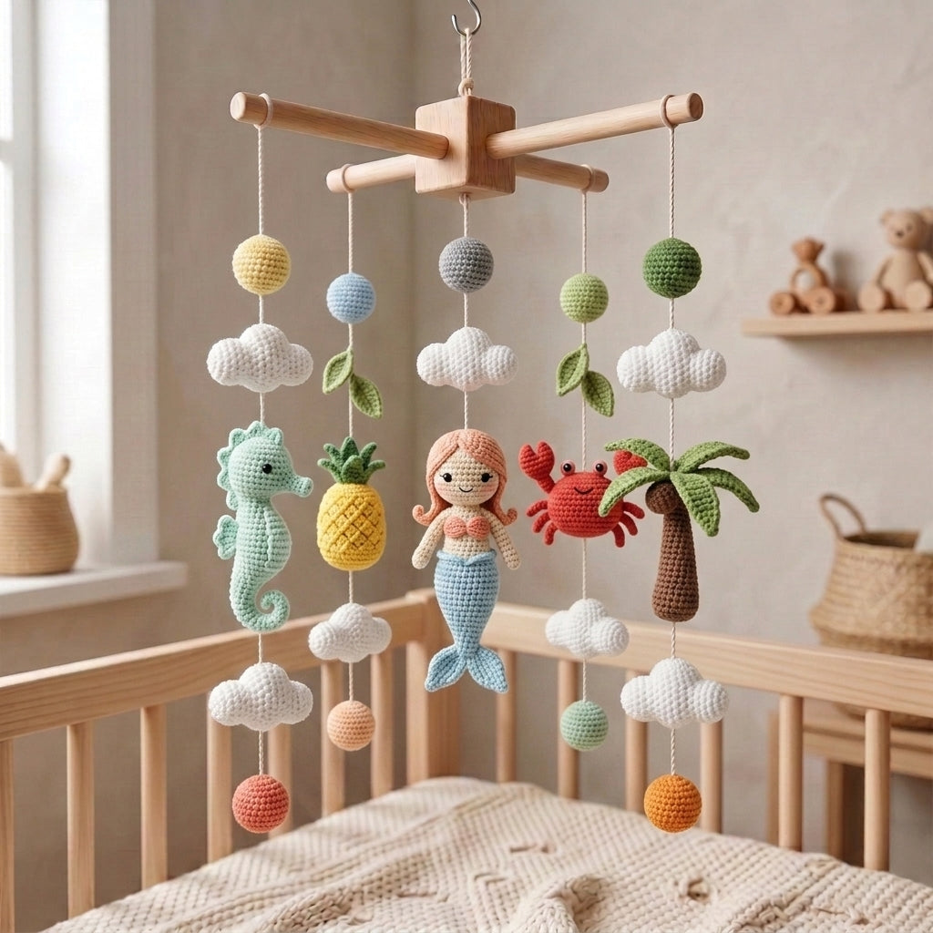 Handmade Crochet Mermaid Baby Mobile – Seahorse, Crab & Tropical Nursery Decor