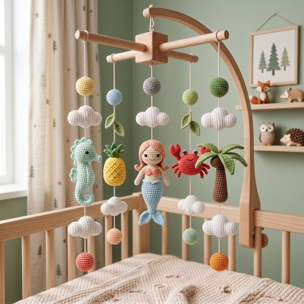 Handmade Crochet Mermaid Baby Mobile – Seahorse, Crab & Tropical Nursery Decor