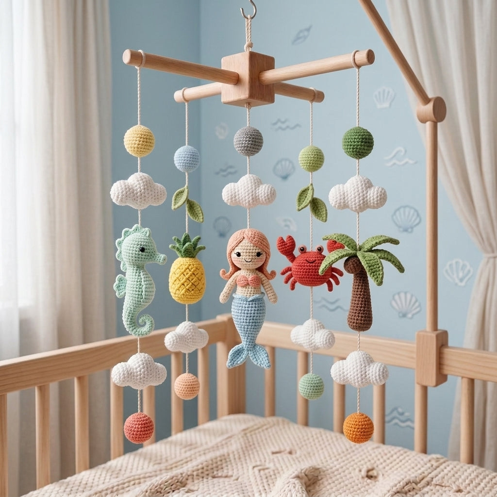 Handmade Crochet Mermaid Baby Mobile – Seahorse, Crab & Tropical Nursery Decor