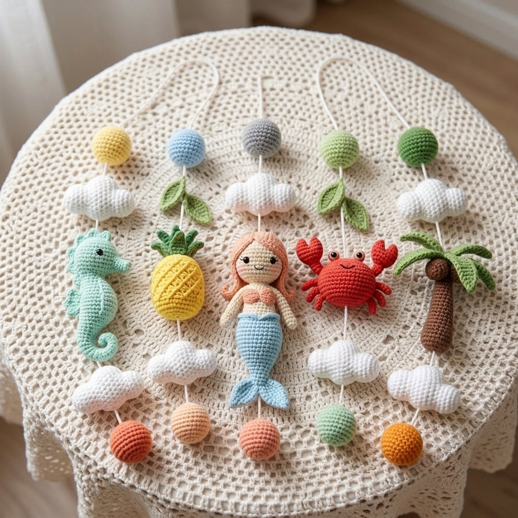 Handmade Crochet Mermaid Baby Mobile – Seahorse, Crab & Tropical Nursery Decor