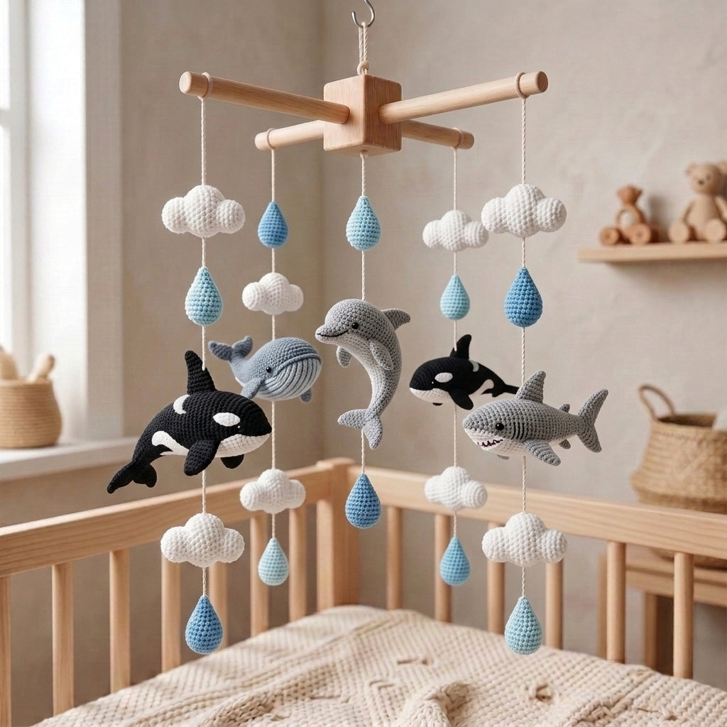 Handmade Crochet Ocean Baby Mobile – Whale, Dolphin, Orca & Shark Nursery Decor