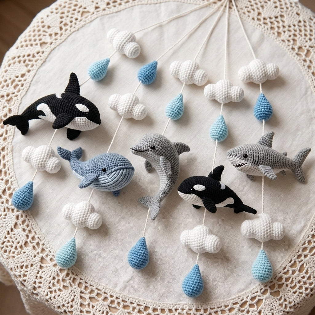 Handmade Crochet Ocean Baby Mobile – Whale, Dolphin, Orca & Shark Nursery Decor
