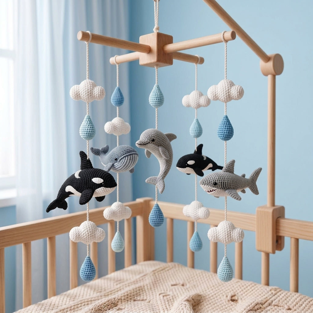 Handmade Crochet Ocean Baby Mobile – Whale, Dolphin, Orca & Shark Nursery Decor